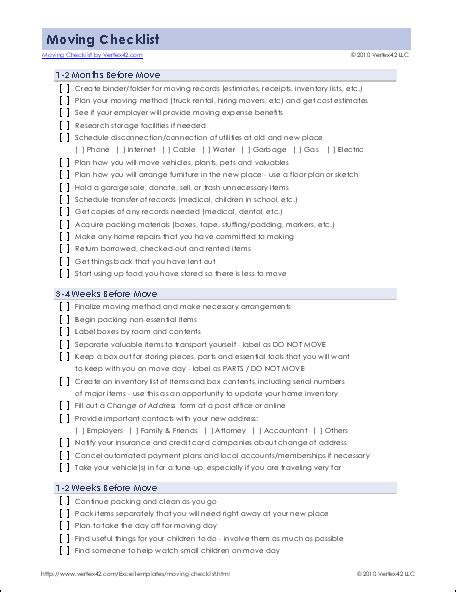 detailed moving checklist printable moving checklist  excel