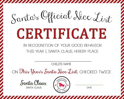 santa nice list certificate  printable  printable dear santa