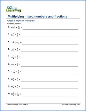 grade  math worksheets multiplying mixed numbers  fractions