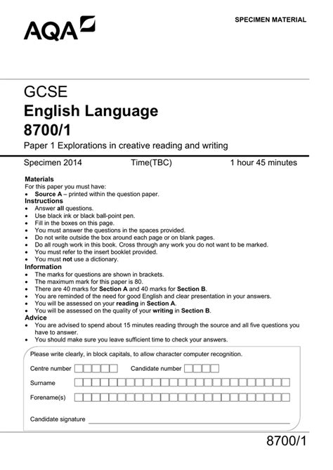 gcse english language specimen question paper paper