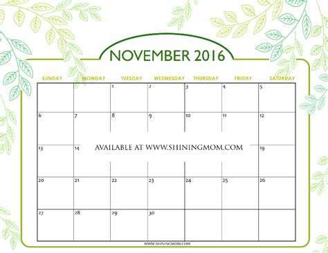 free printable calendar for november 2016