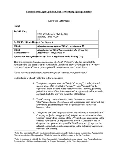 sample form legal opinion letter  verifying signing authority