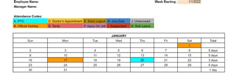 printable employee attendance calendar  excel  word