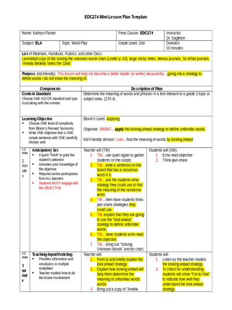 edc mini lesson plan template  lesson plan cognition