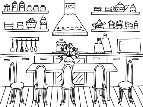 kitchen interior vector coloring page cute coloring page  cozy