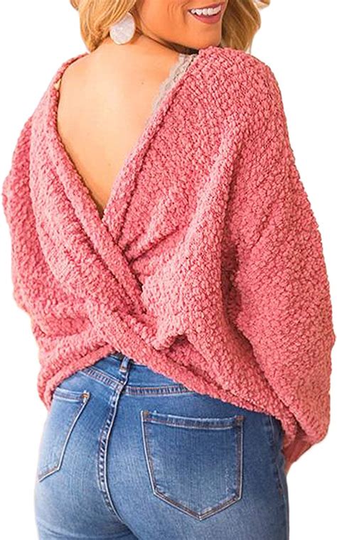 sidefeel women criss cross backless fuzzy sweater pullover tops xl pink