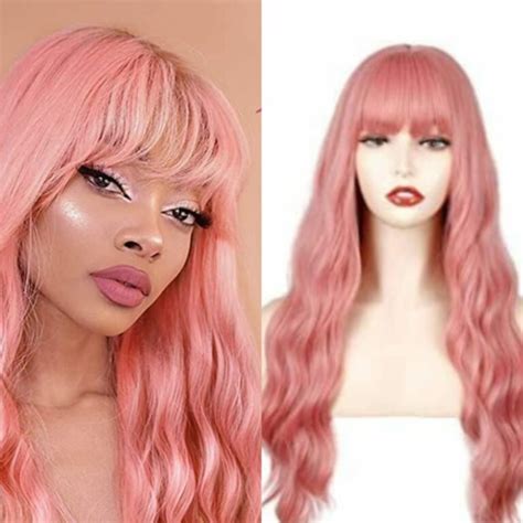 Pink Wig With Fluffy Curtain Bangs Wig Is Pink Coloured Wig Having