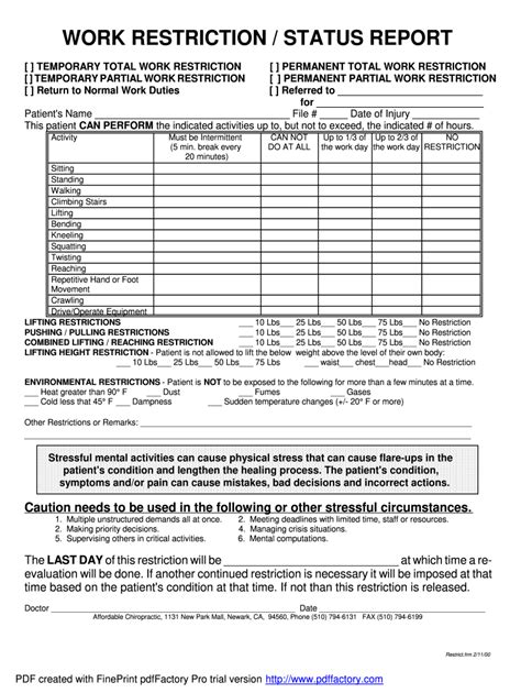 work restriction status form fill  printable fillable blank