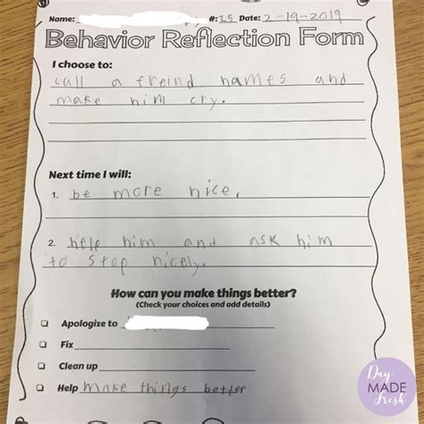behavior reflection forms  students day  fresh