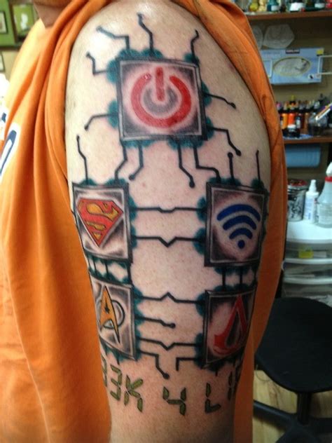 colorured geek tattoo on half sleeve tattooimages