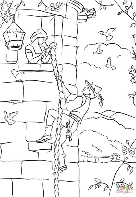 prince climbs  rapunzels tower coloring page  printable