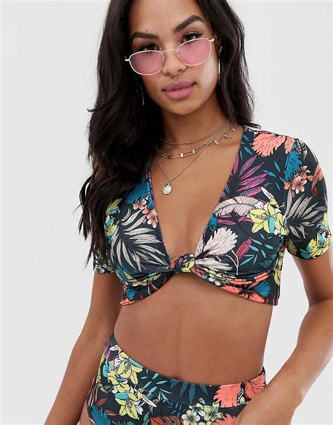 prettylittlething short sleeve bikini top with knot front