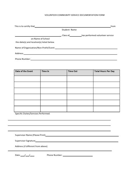 printable community service forms ms word template lab