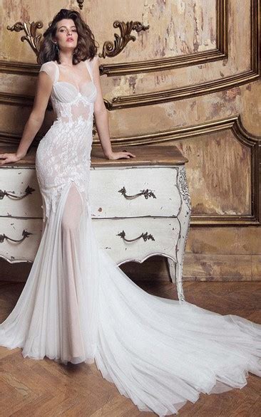 Gossamery Cap Sleeve Illusion Tulle Wedding Dress With Lace And Court