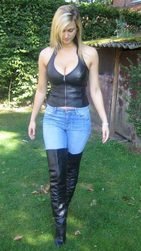 blonde in black leather halter top jeans and thigh boots hotandcute