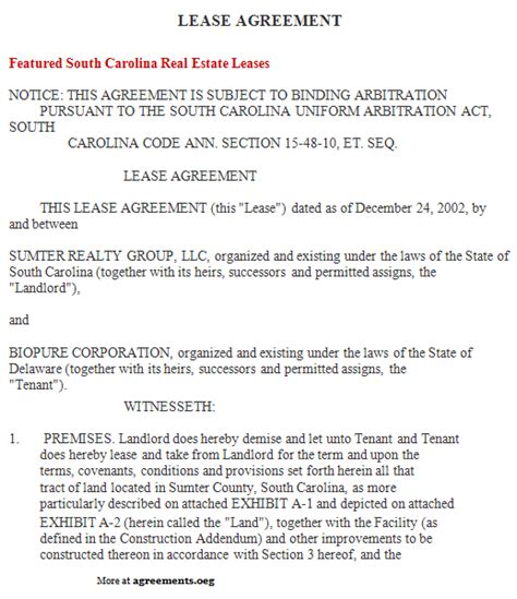 south carolina lease agreement sample south carolina lease agreement