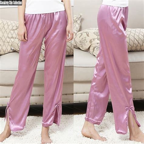 Fashion Soft Satin Silk Pajama Pants With Bottom Slit Bow Design