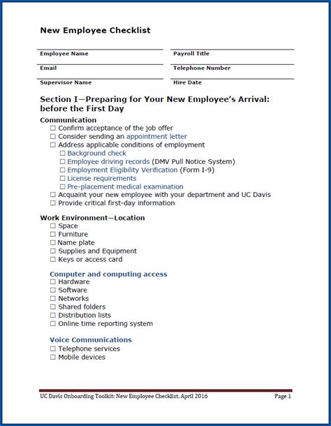 printable  employee checklist template checklist templates