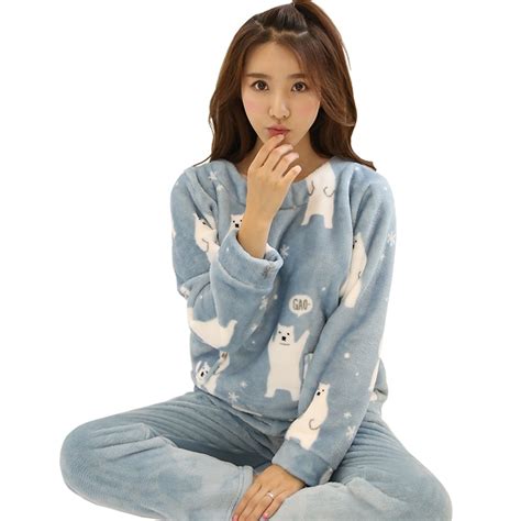autumn winter warm cute flannel sleep home clothing women pajamas sets