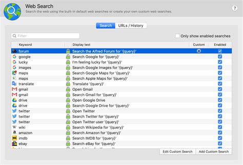 web search custom search urlshistory alfred   support