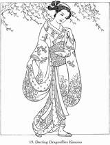Coloring Kimono Pages Japanese Geisha Book Color Colouring Printable Adult Girl Books Designs Sketch Anime Drawings Dover Creative Haven Publications sketch template