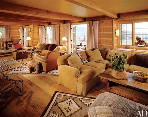 elegantly style  log home  architectural digest cozy cabin living room living
