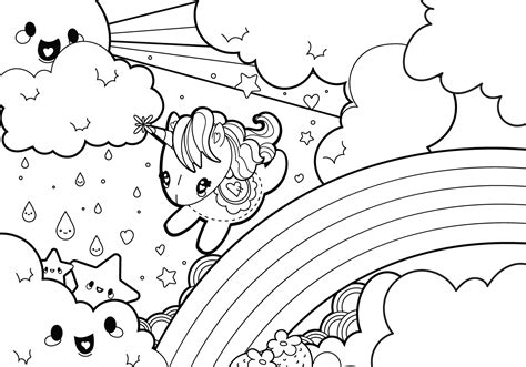 rainy rainbow unicorn scene coloring page  vector art  vecteezy