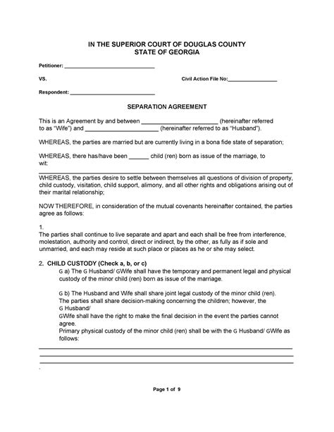 separation agreement template nz printable templates