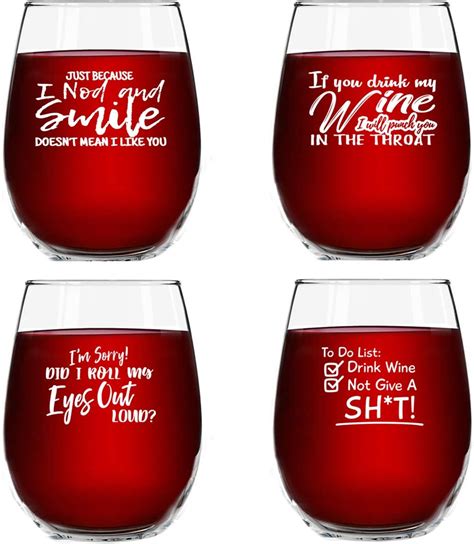 Set Of 4 Crude And Rude Funny Wine Glasses 15 Oz Novelty Glassware