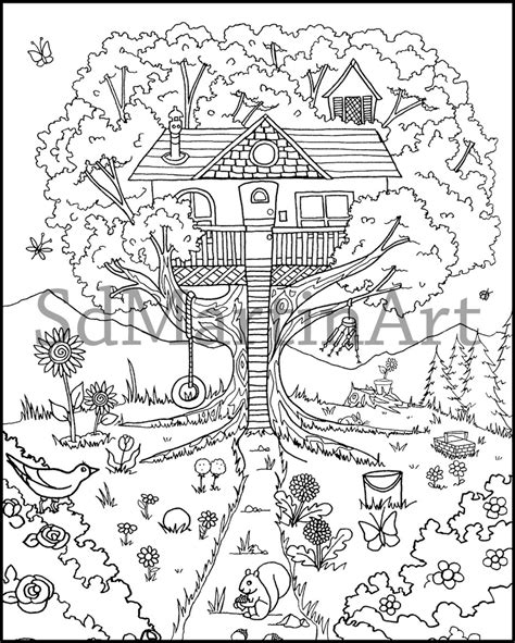 happy  tree house printable adult coloring book page etsy uk