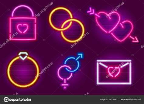 Set Wedding Neon Symbols Signboards Happy Valentine Day Signs Logos