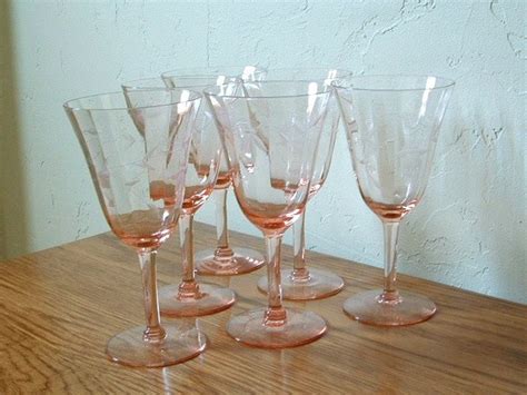 Vintage Pink Depression Glass Wine Glasses Goblets Etched Set Etsy