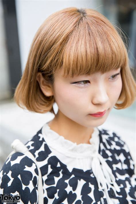 bob hairstyle w emoda heart cardigan and american apparel pleated skirt in harajuku