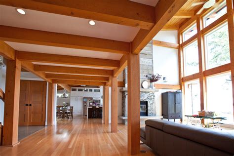post  beam hallway contemporary living room vancouver  island timberframe