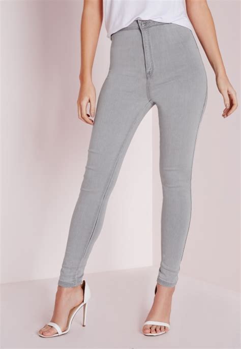 missguided vice super stretch high waisted skinny jeans light grey in