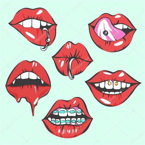 arte pop sexy labios con piercing vector set — archivo imágenes