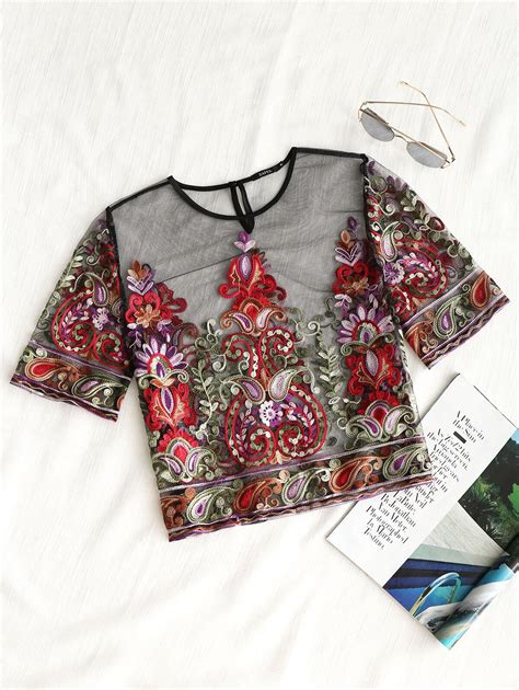 Zaful Women Blouses Floral Embroidered Gauze Cropped Top