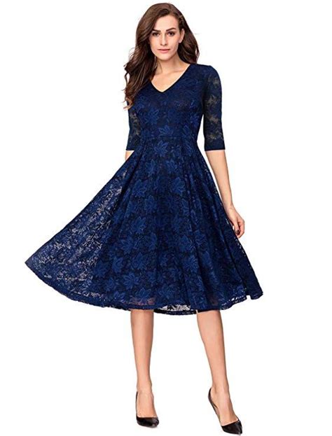 navy lace flare mid calf evening cocktail dress  women  sleeves party dress cocktail