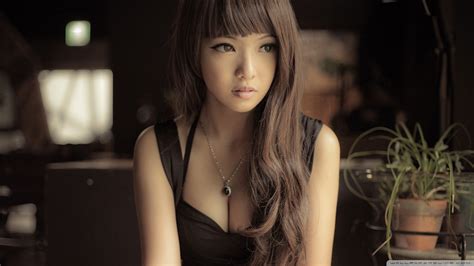 Wallpaper Long Hair Black Dress Brunette Asian