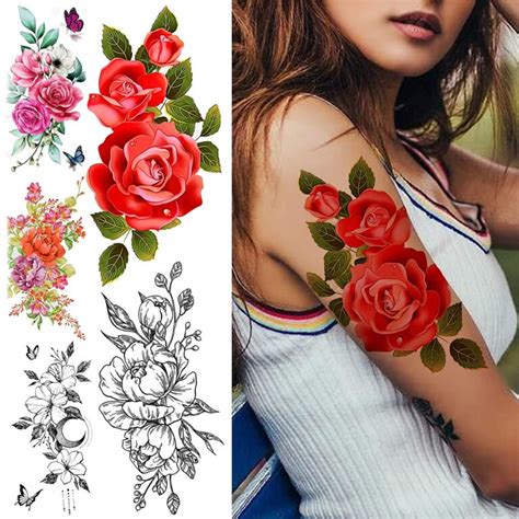tasroi 18 sheets sexy flower rose temporary tattoos for women girls