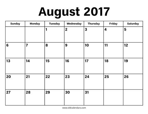august  calendar printable  calendars