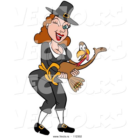 vector of a winking cartoon pilgrim girl holding a happy turkey bird by