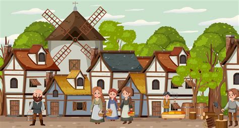 scene de ville medievale avec des villageois  art vectoriel chez vecteezy