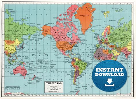 digital  world map printable  vintage world map etsy