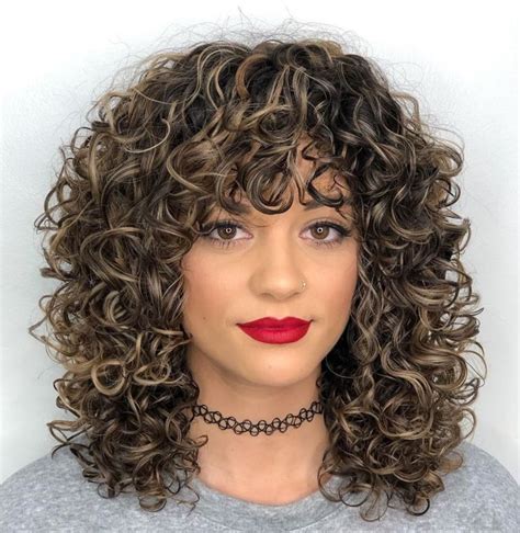 Mid Length Curly Hairstyle With Curly Bangs Curly Hair Styles