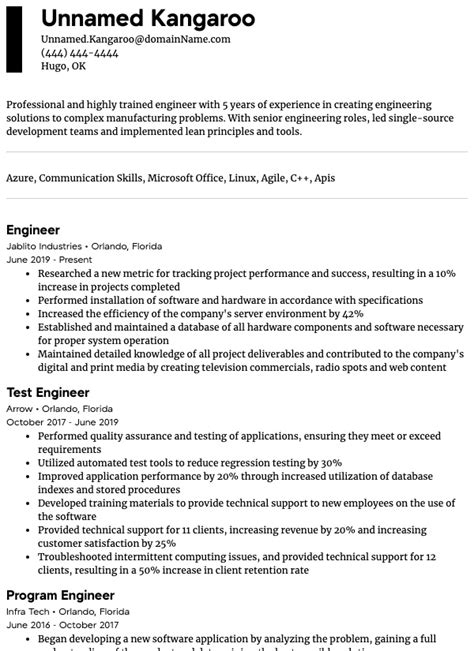 engineering resume samples  experience levels resumecom