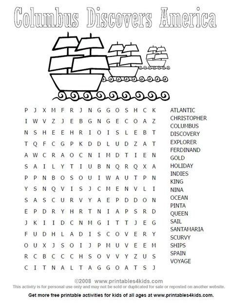 columbus day wordsearch printables  kids  word search