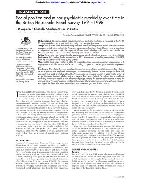 Pdf Social Position And Minor Psychiatric Morbidity Over Time In The