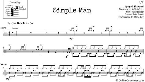simple man lynyrd skynyrd drum sheet music