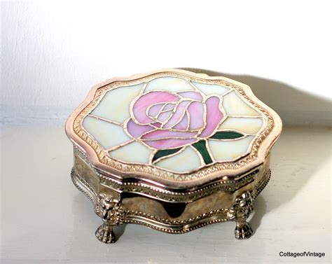 Large Vintage Silver Plated Jewellery Box With Stained Glass Etsy